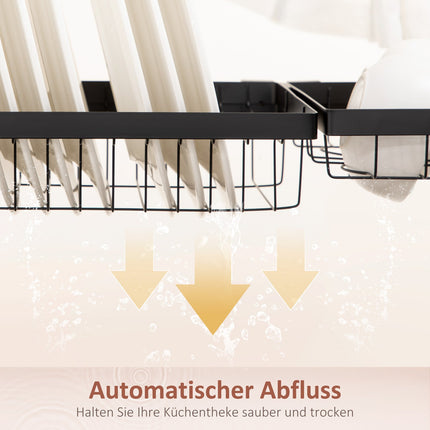 Geschirrabtropfgestell, 2-stufiges Abtropfgestell mit Haken, Tellerregal, Zubehör, 100 cm Stahl, schwarz