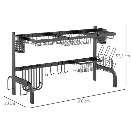 Geschirrabtropfgestell, 2-stufiges Abtropfgestell mit Haken, Tellerregal, Zubehör, 100 cm Stahl, schwarz