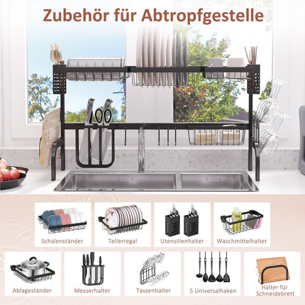 Geschirrabtropfgestell, 2-stufiges Abtropfgestell mit Haken, Tellerregal, Zubehör, 100 cm Stahl, schwarz