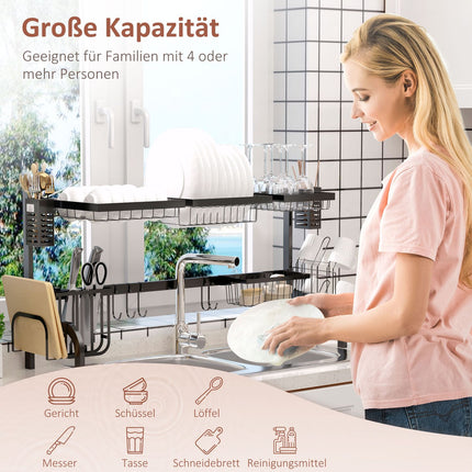 Geschirrabtropfgestell, 2-stufiges Abtropfgestell mit Haken, Tellerregal, Zubehör, 100 cm Stahl, schwarz