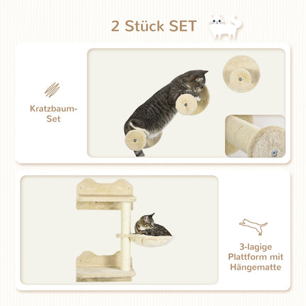 Tour de plongée et 3 griffoirs, mur d'escalade avec hamac, beige et blanc crème