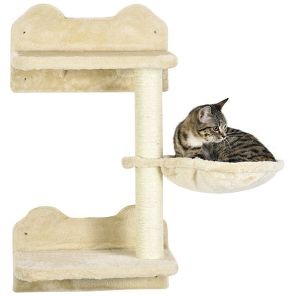 Tour de plongée et 3 griffoirs, mur d'escalade avec hamac, beige et blanc crème