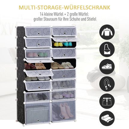 Modulares Schuhregal/Schuhschrank – 16 Fächer, Schwarz/Weiß