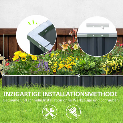 Hochbeet aus Stahl mit Pflanzenschildern und Handschuhen