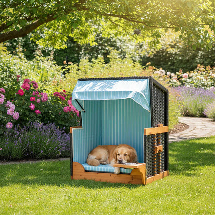 Hundeliegestuhl mit Napf – Holz & Rattan