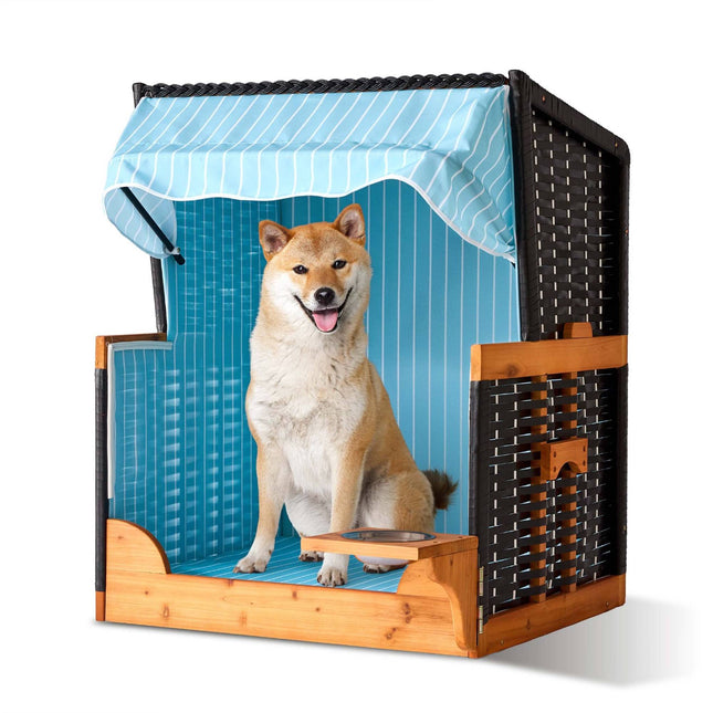 Hundeliegestuhl mit Napf – Holz & Rattan