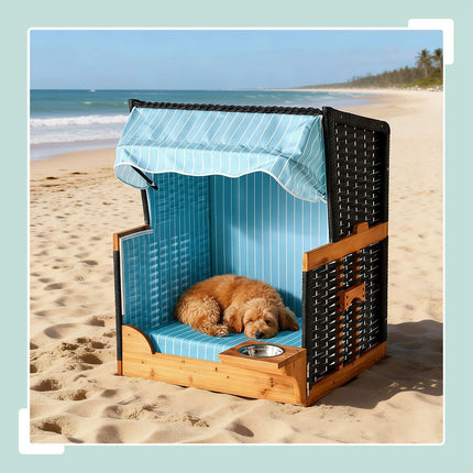 Hundeliegestuhl mit Napf – Holz & Rattan