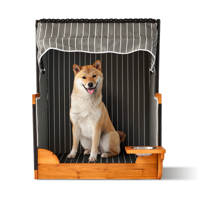 Hundestrandstuhl mit Napf, Holz & Rattan
