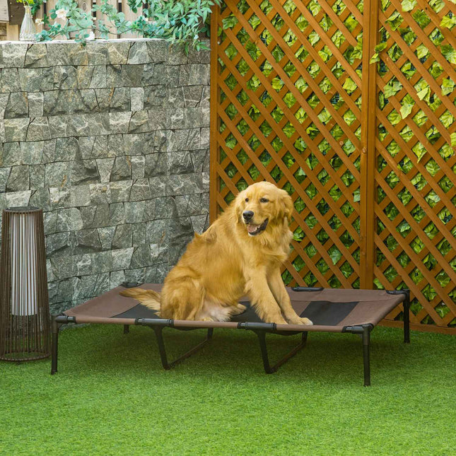 Panier pour chien, chaise longue d'extérieur pour chat, lit pour animal de compagnie, couchage en métal, tissu Oxford, marron café, 122 x 92 x 23 cm
