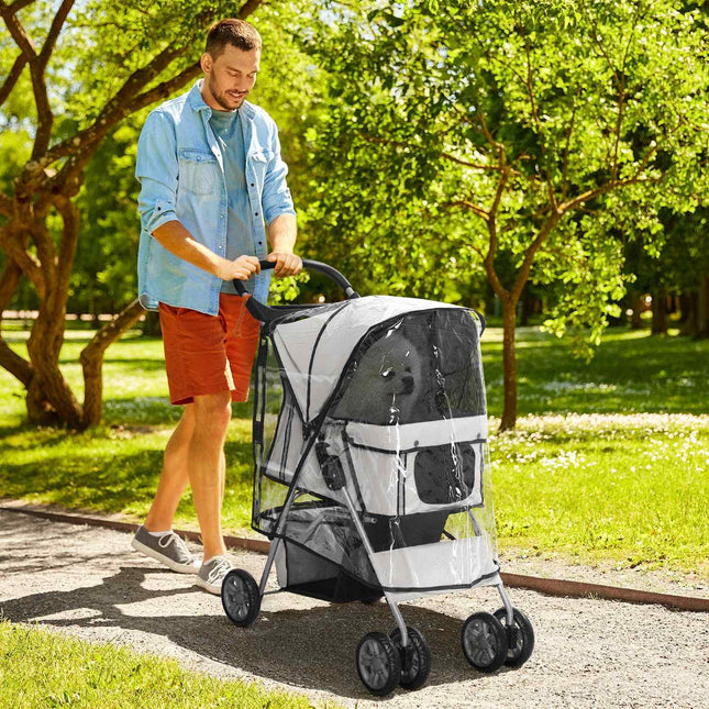 Collapsible dog carriage with rain cover, mesh window and cup holder