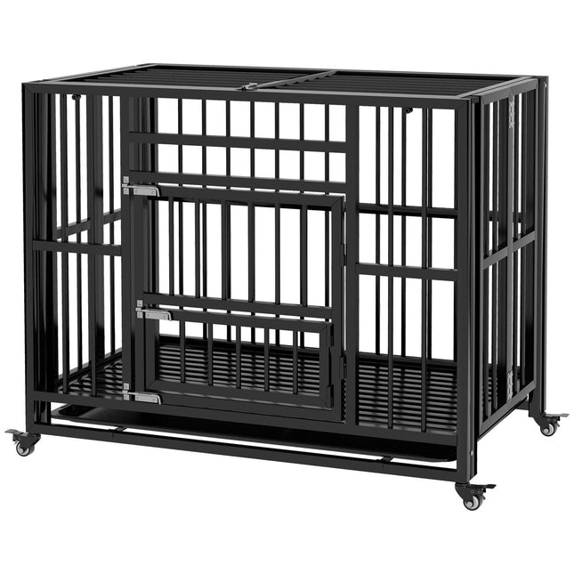 Cage pour chien avec double porte, niche à roulettes, niche en acier noir, 94 x 58 x 78 cm
