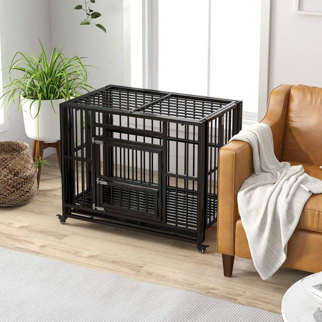 Cage pour chien avec double porte, niche à roulettes, niche en acier noir, 94 x 58 x 78 cm