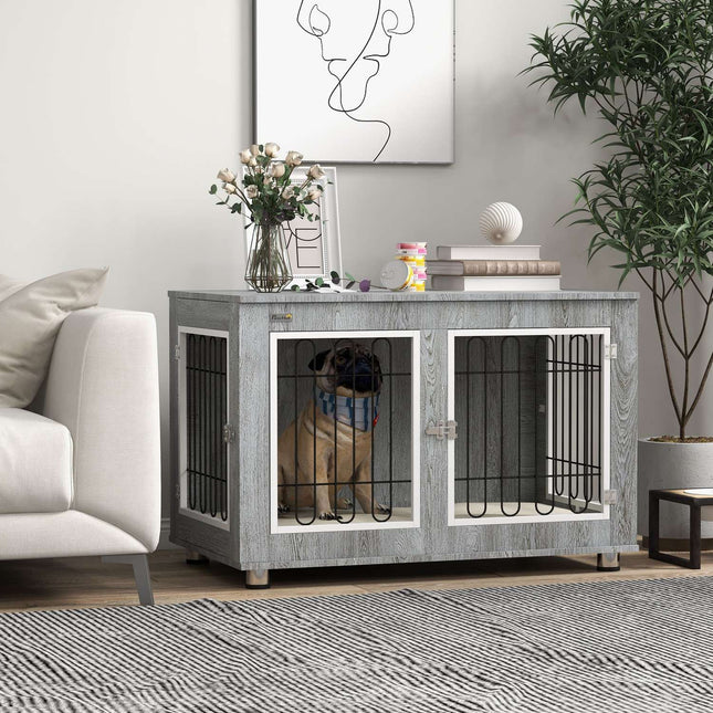 Mittlere Hundebox – Doppeltüren, gepolstert, grau, 90x58x65 cm