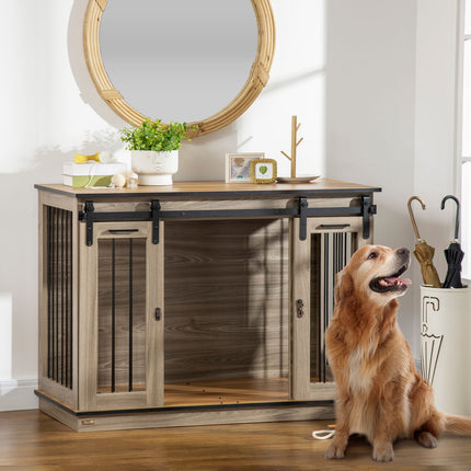 Hundekäfig mit Doppeltüren, Zweiraum-Option, Eiche-Finish