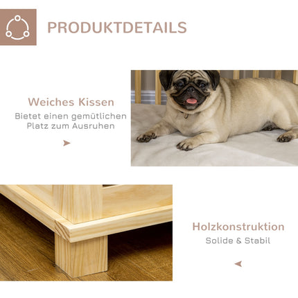 Hundehütte aus Holz mit Kissen – Mittel, Naturholzoptik