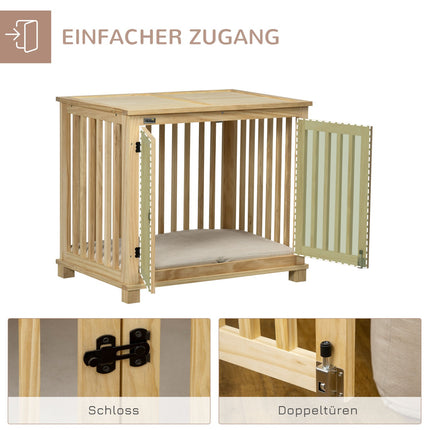 Hundehütte aus Holz mit Kissen – Mittel, Naturholzoptik