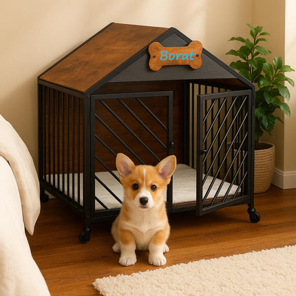 Dog Cage with Wheels – Wood-Effect and Metal