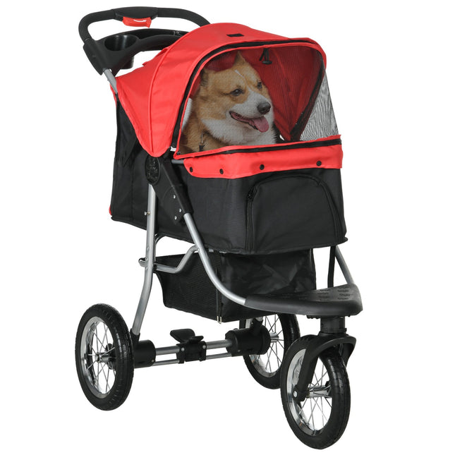 Tier-Buggy, faltbar, 3 Räder, rot-schwarzer Oxford-Stoff