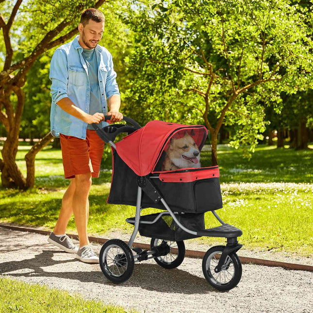 Tier-Buggy, faltbar, 3 Räder, rot-schwarzer Oxford-Stoff