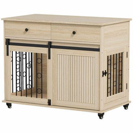 Hundebox auf Rollen, 2 Türen, 2 Schubladen, Holz & Stahl