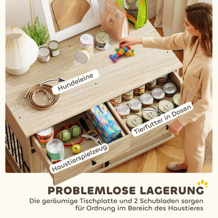 Hundebox auf Rollen, 2 Türen, 2 Schubladen, Holz & Stahl