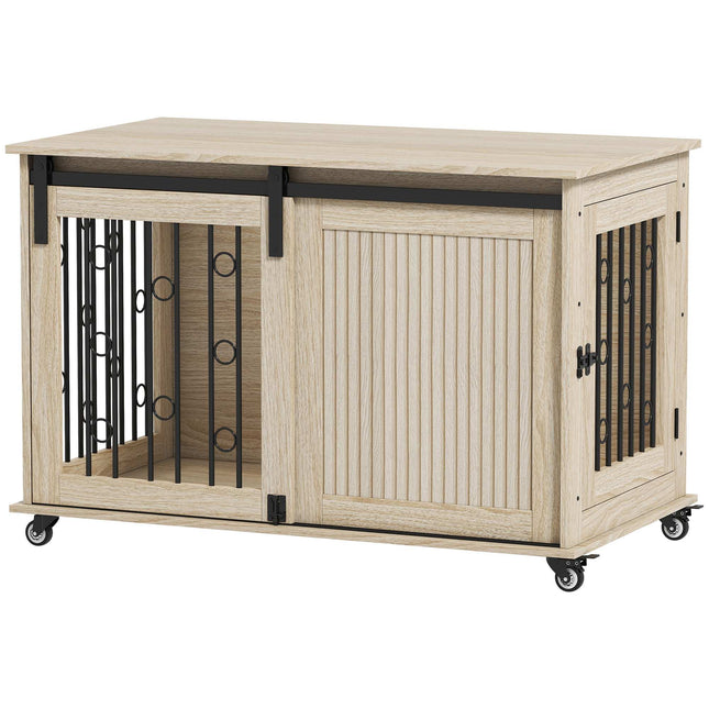 Hundebox auf Rollen, Schiebetür, 100 x 56 x 65 cm, Holz, Stahl