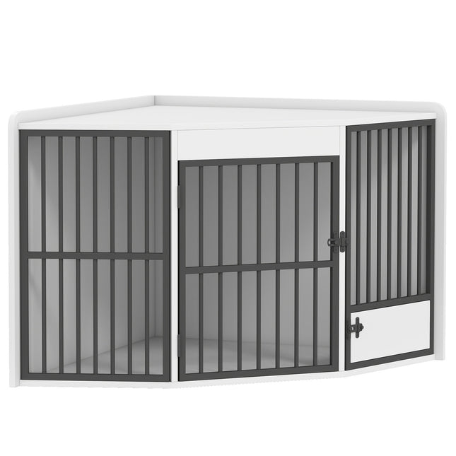 Hundebox mit Futtertür, MDF & Metall, Weiß
