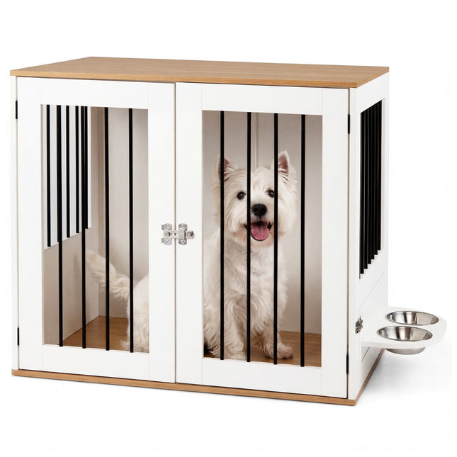 Hundebox mit drehbaren Näpfen und verriegelbarer Tür, Weiß