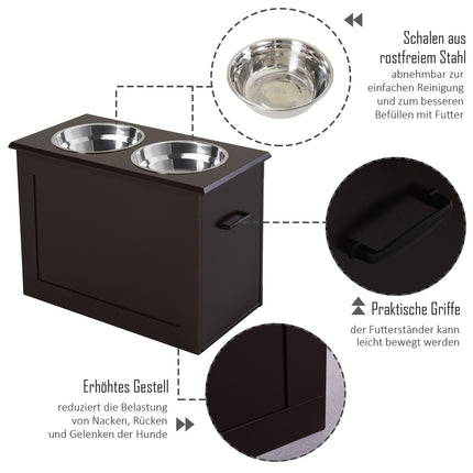 Futterstation für Haustiere, doppelte Edelstahlnäpfe, MDF Espresso-Finish