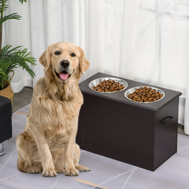 Futterstation für Haustiere, doppelte Edelstahlnäpfe, MDF Espresso-Finish