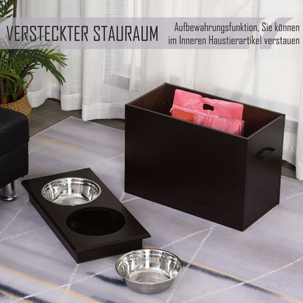 Futterstation für Haustiere, doppelte Edelstahlnäpfe, MDF Espresso-Finish