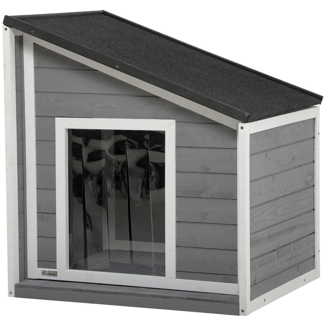 Niche pour chien résistante aux intempéries en bois de sapin avec toit en asphalte et rideau de porte, gris, 71 x 58 x 53/77 cm