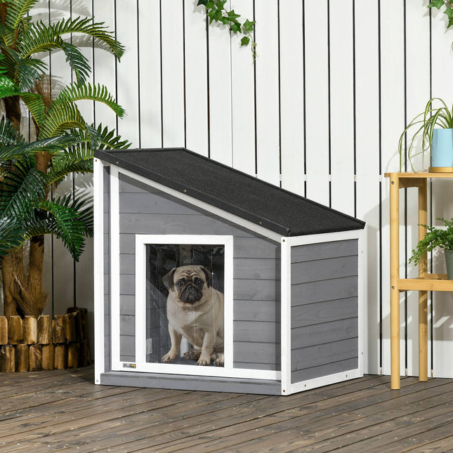 Niche pour chien résistante aux intempéries en bois de sapin avec toit en asphalte et rideau de porte, gris, 71 x 58 x 53/77 cm