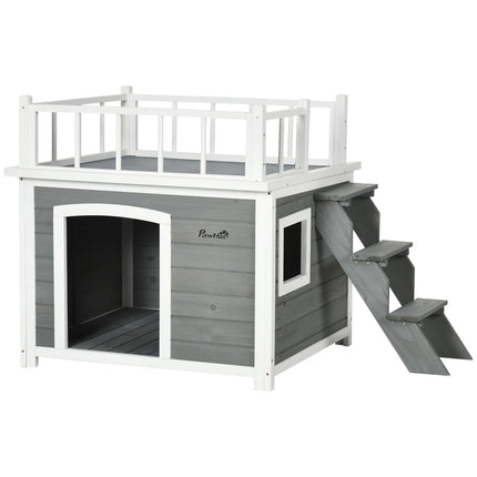Erhöhte Hundehütte mit Balkon und Treppe - Fichtenholz