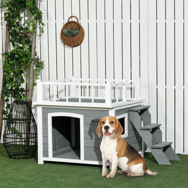 Erhöhte Hundehütte mit Balkon und Treppe - Fichtenholz