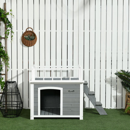 Erhöhte Hundehütte mit Balkon und Treppe - Fichtenholz