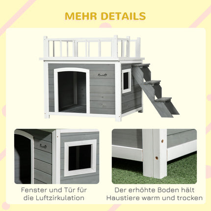 Erhöhte Hundehütte mit Balkon und Treppe - Fichtenholz