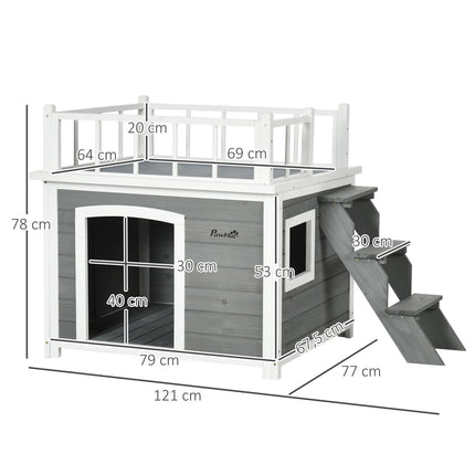 Erhöhte Hundehütte mit Balkon und Treppe - Fichtenholz