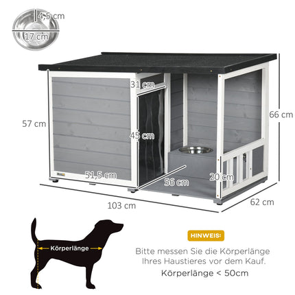 Wetterfeste Fichtenholz-Hundehütte mit Terrasse und Futternäpfen