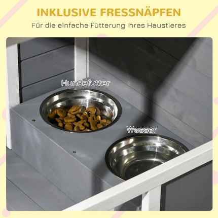 Wetterfeste Fichtenholz-Hundehütte mit Terrasse und Futternäpfen