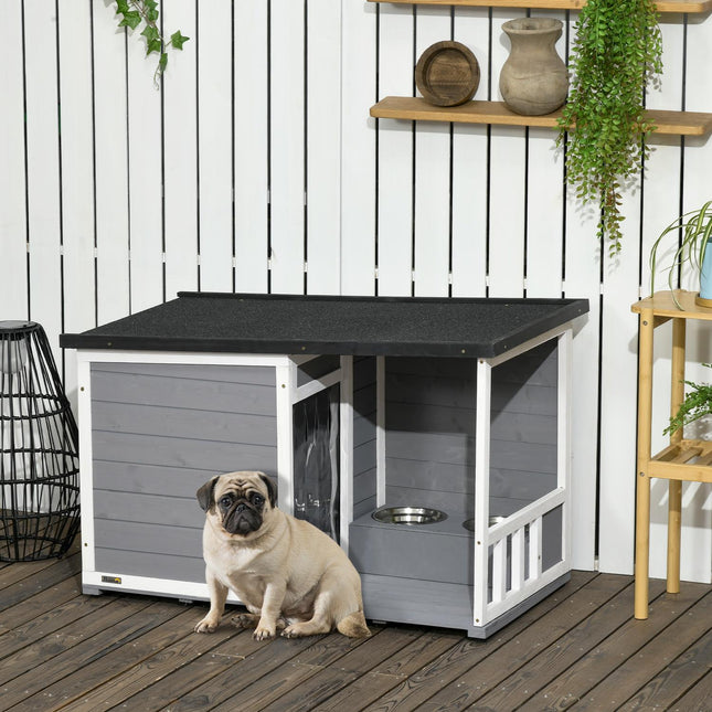 Niche pour chien avec terrasse, en bois de sapin, avec 2 gamelles et toit en asphalte, résistante aux intempéries, grise, 103 x 62 x 60-66 cm