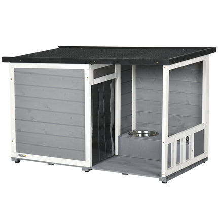 Wetterfeste Fichtenholz-Hundehütte mit Terrasse und Futternäpfen
