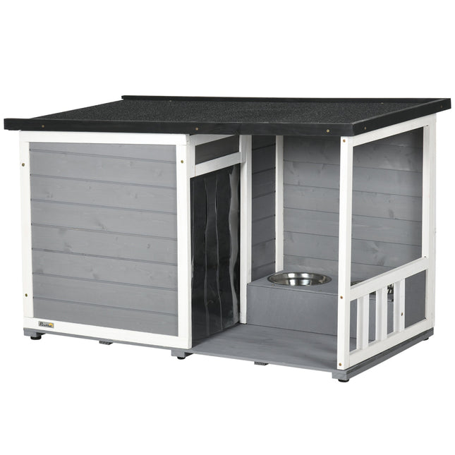Niche pour chien avec terrasse, en bois de sapin, avec 2 gamelles et toit en asphalte, résistante aux intempéries, grise, 103 x 62 x 60-66 cm
