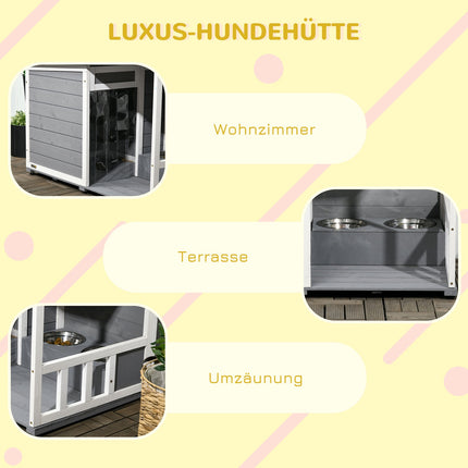Wetterfeste Fichtenholz-Hundehütte mit Terrasse und Futternäpfen