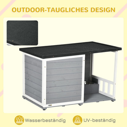 Wetterfeste Fichtenholz-Hundehütte mit Terrasse und Futternäpfen