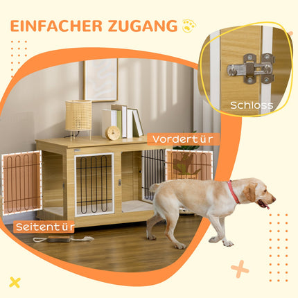 Hundekäfig-Tischplatte aus Eiche, Doppeltüren und Kissen
