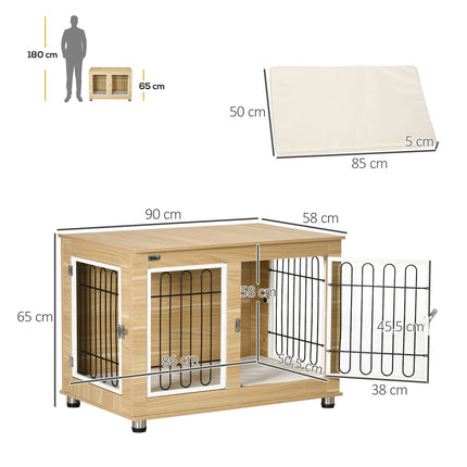 Hundekäfig-Tischplatte aus Eiche, Doppeltüren und Kissen