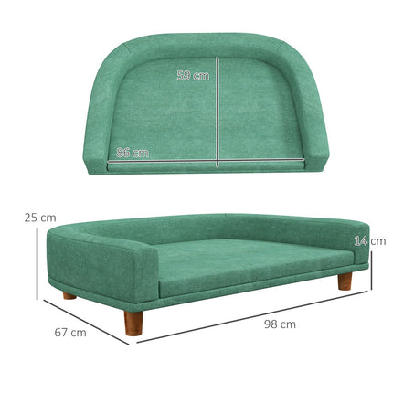 Canapé confortable pour chien avec coussin, idéal pour les grands chiens, design surélevé, pieds en bois, vert, 98 x 67 x 25 cm