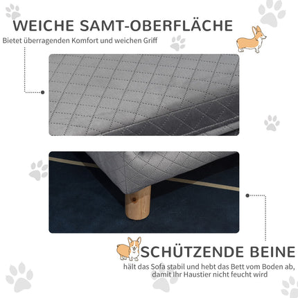Samtsofa für kleine Hunde, Holzbeine, grau