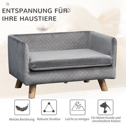 Samtsofa für kleine Hunde, Holzbeine, grau